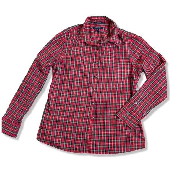 ⭐️LANDS END Red Plaid Supima Cotton Button-Up Shirt - Picture 1 of 4
